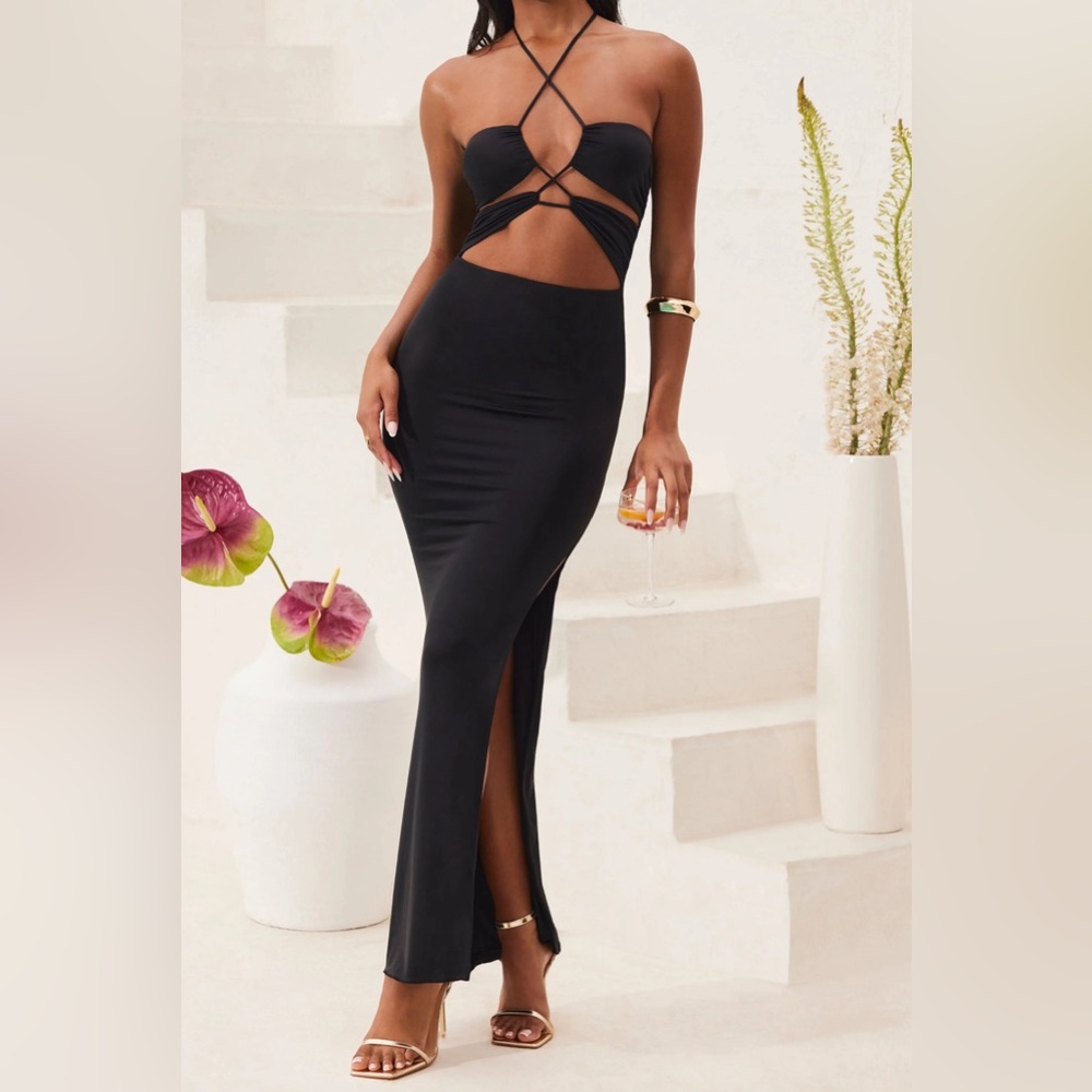 Oh Polly Cut Out Halter Neck Floor Length Maxi Dress in Black
